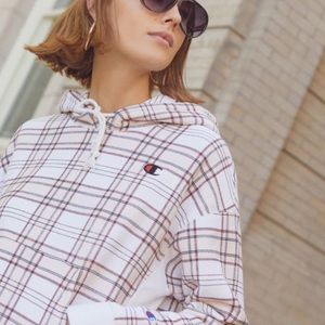 champion uo exclusive plaid reverse weave hoodie sweatshirt